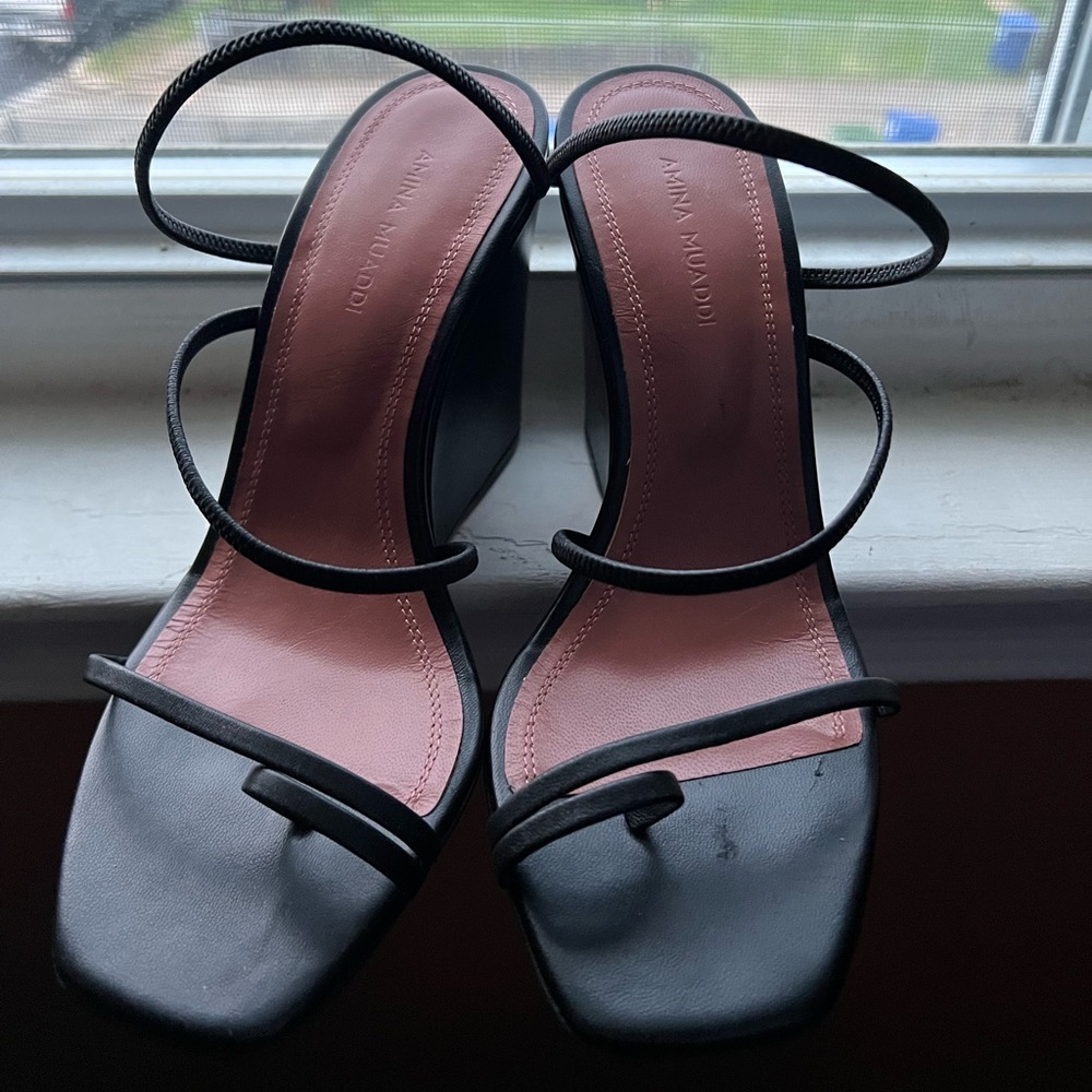 AMINA MUADDI Black Leather Naima Wedge Sandals